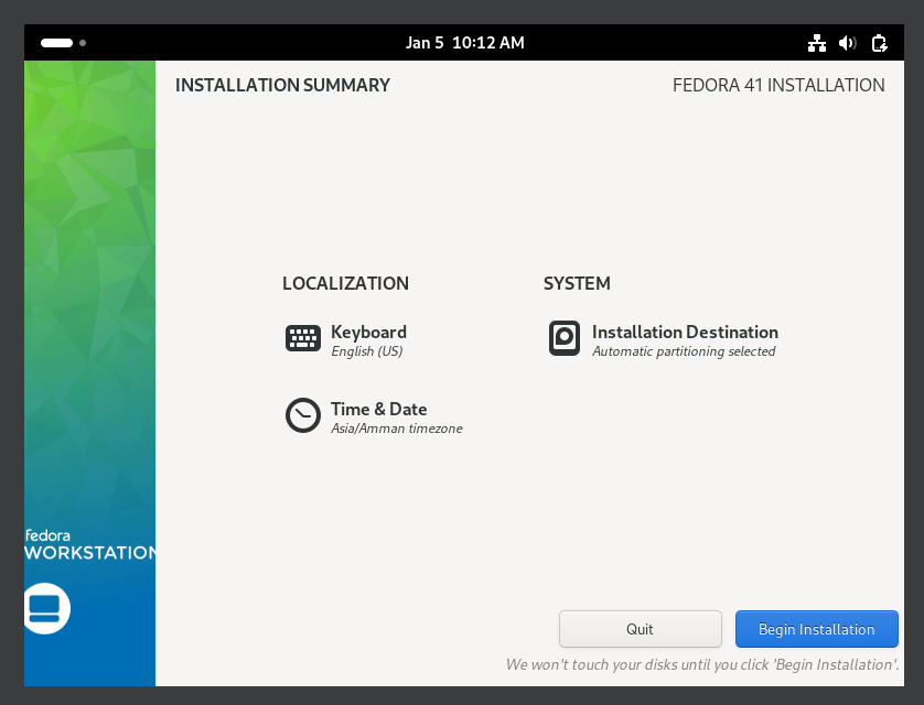 English keyboard selected and automatic partitioning selected