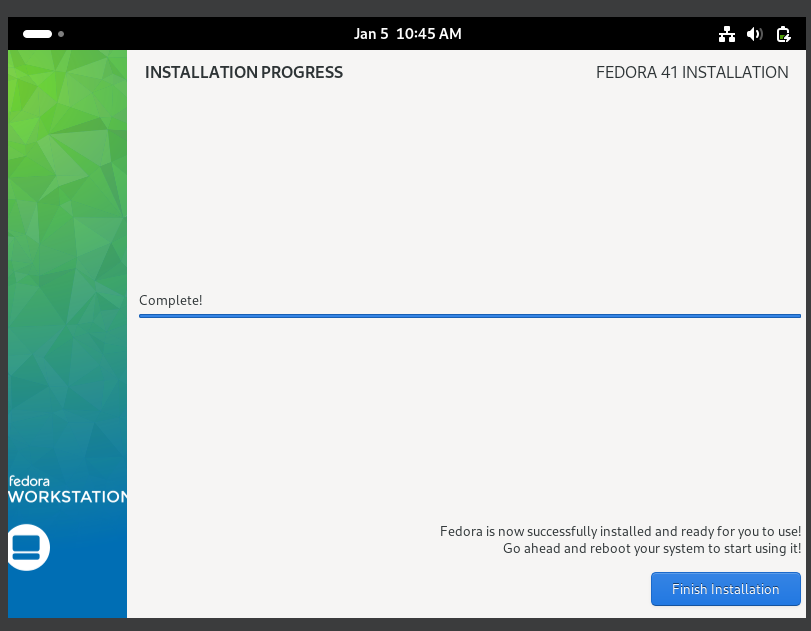 Fedora VM installation finished