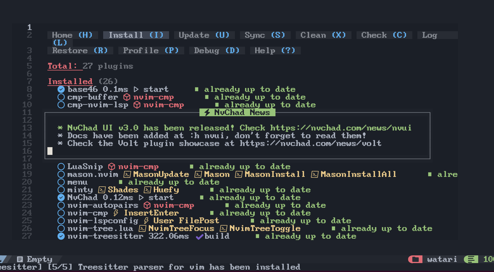 Image of the terminal showing NVChad is now installed, and presenting the options available